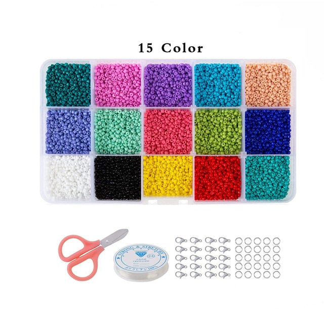 Set mostacillas 15 colores  3mm 7500 unidades