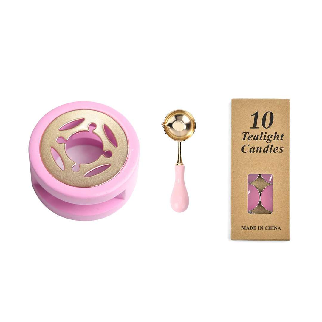 Pack Horno Para Lacre Con Cuchara Metal y set de velas rosado