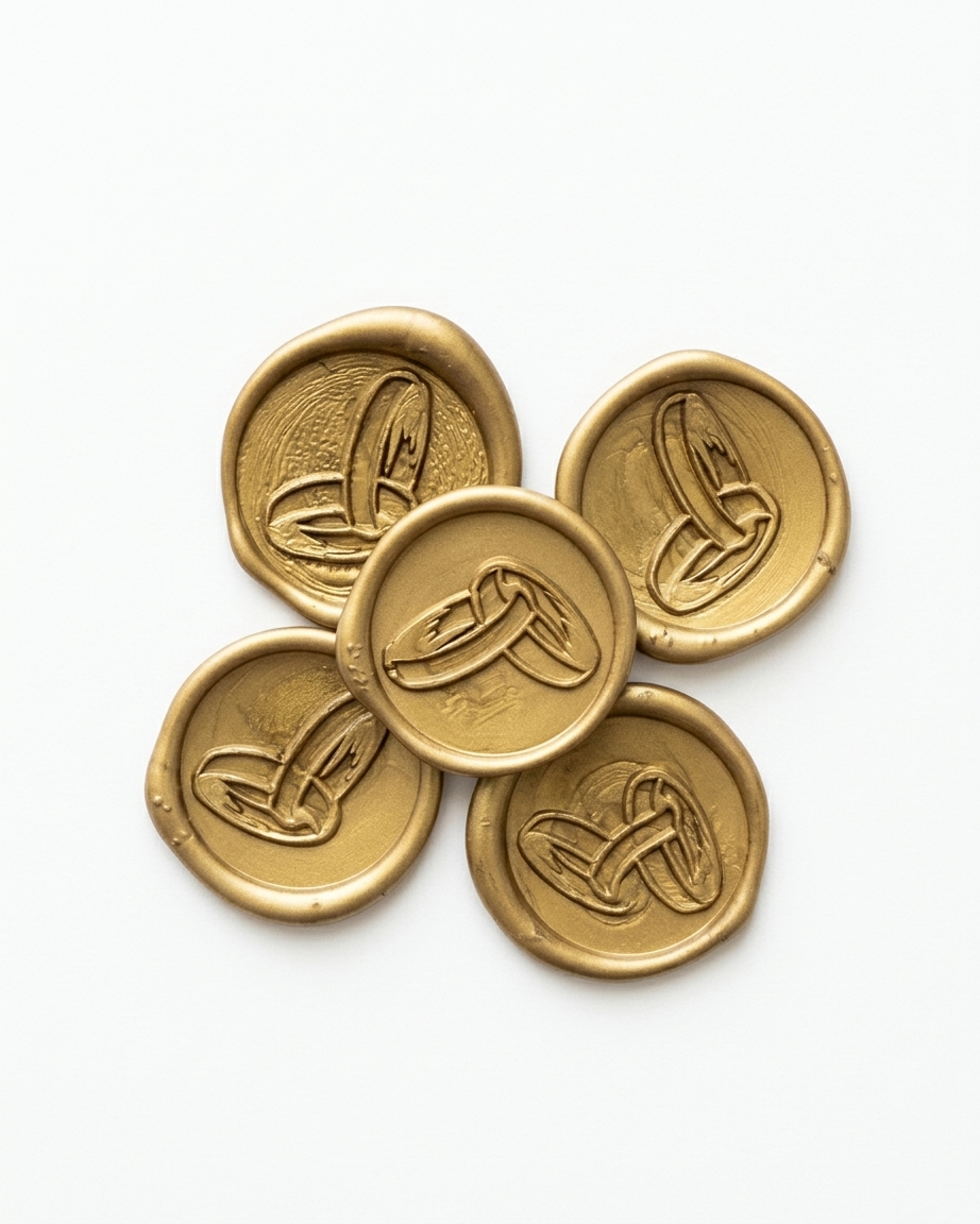 Sello de lacre dorado de argollas matrimonio con autoadhesivo 25 unidades